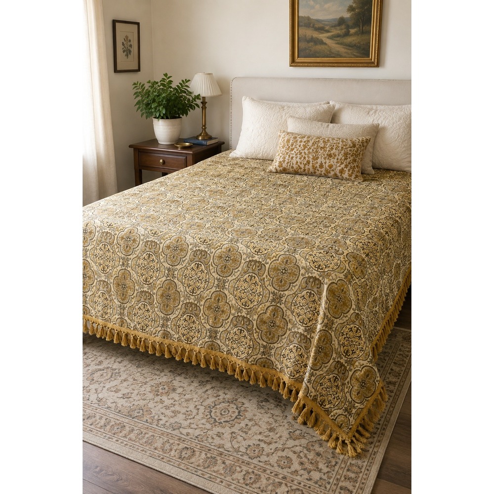 Vintage Spainish Jacquard Chenille Tapestry Bedspread Fringe Revival Gold Ornate